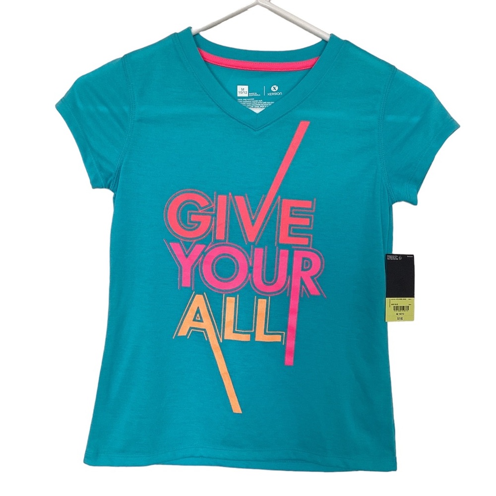Xersion NWT Aqua Blue Give Your All ShortSleeve T-shirt | Girls M 10/12 | bright